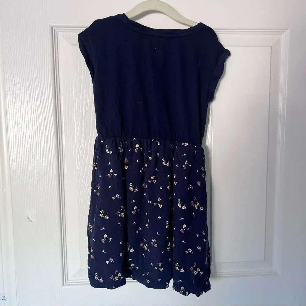 Gap Kids Cotton Blend Navy Blue Floral Kids Dress Small 6-7 Years Old EUC